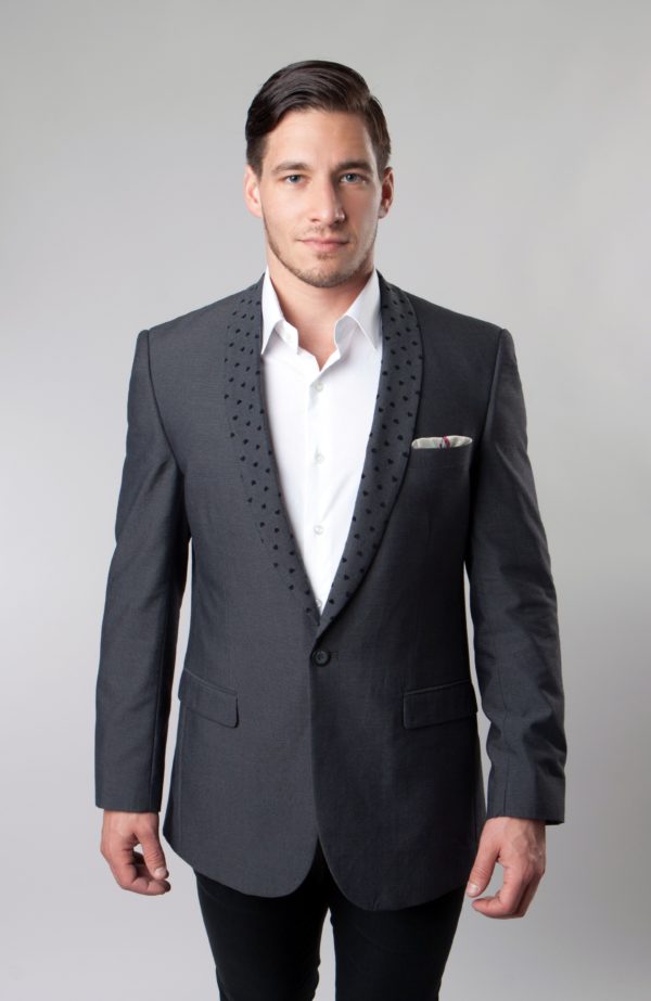 Gray One Button Ultra Slim Fit Jacket with Patterned Shawl Lapel-0