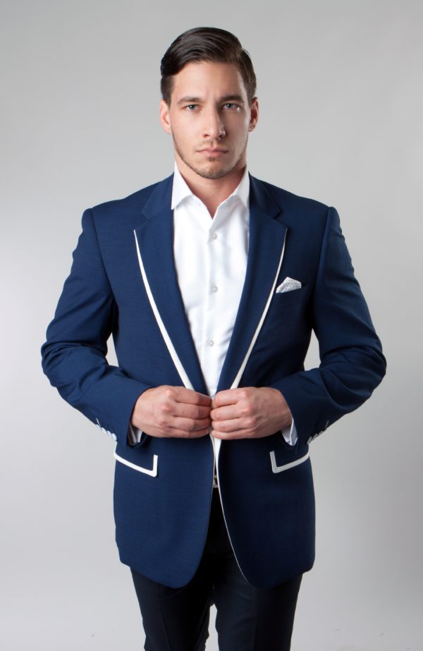 Dark Blue Two Toned One Button Ultra Slim Fit Jacket with White Trim