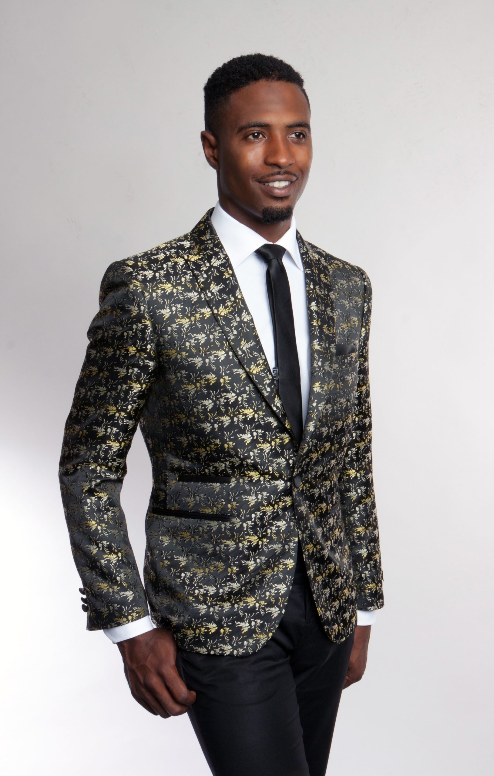 Black One Button Ultra Slim Fit Gold Patterned Jacket-38533