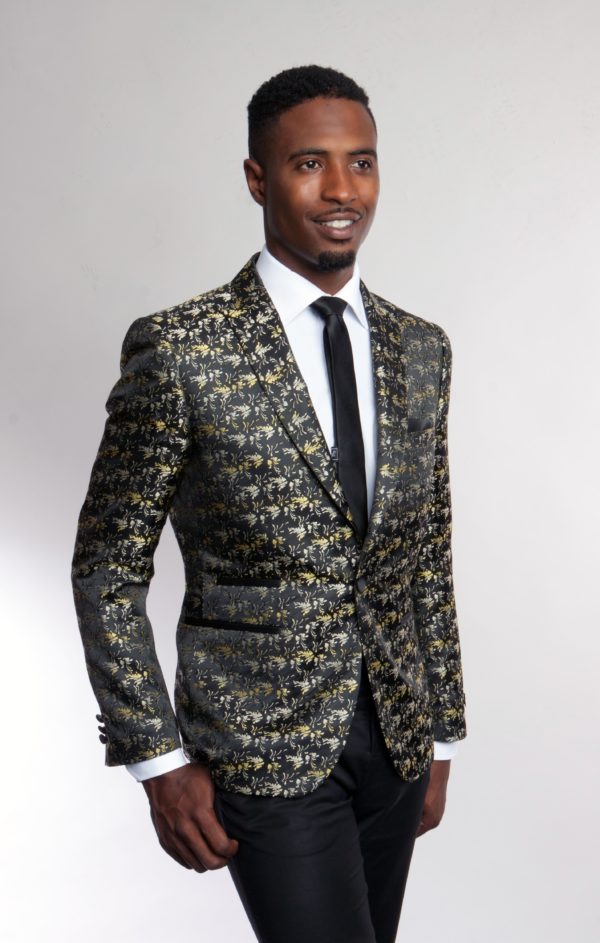 Black One Button Ultra Slim Fit Gold Patterned Jacket-38540