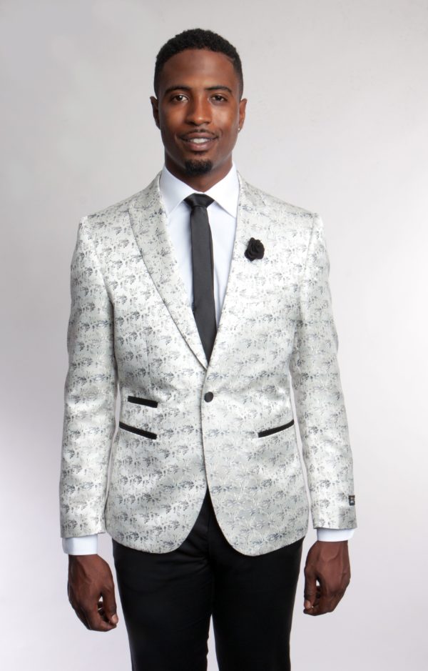 White One Button Ultra Slim Fit Patterned Jacket-37898