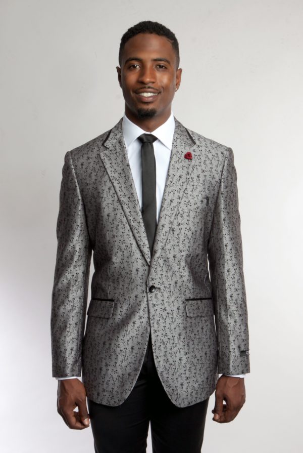 Silver One Button Ultra Slim Fit Patterned Jacket Front VIew