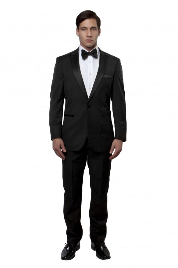 Black One Button Slim Fit Tuxedo - Satin Peak Lapel