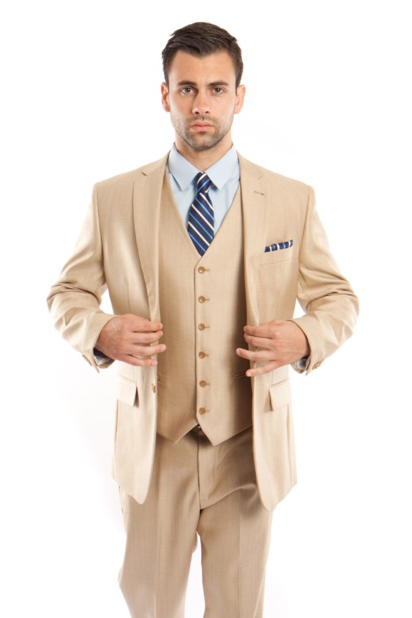 Light Beige Tailored Fit Two Button Suit with Vest