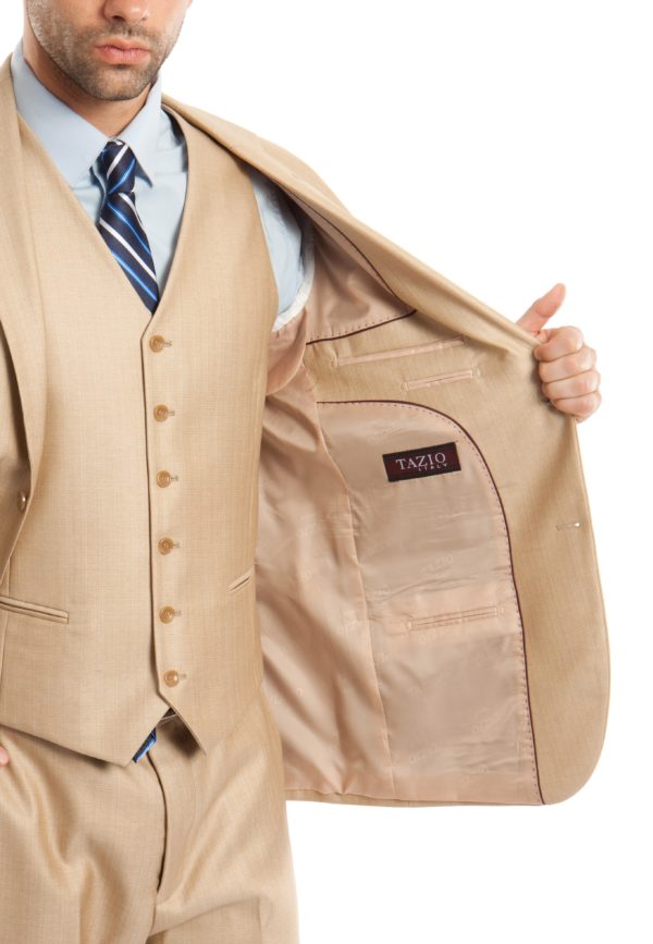 Light Beige Tailored Fit Two Button Suit with Vest Suit Lining