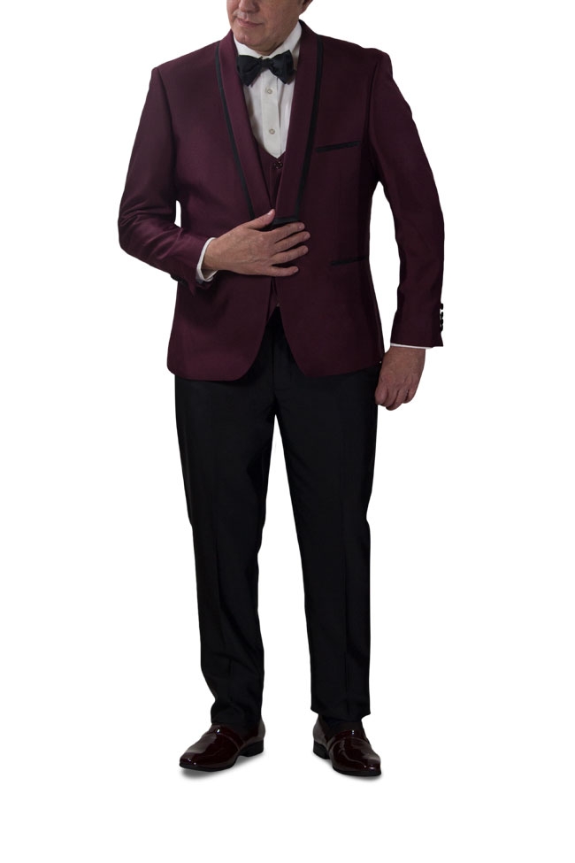 Slim Fit Burgundy 3 Piece Tuxedo with Black Lapel Details-11194 Slim Fit Burgundy 3 Piece Tuxedo with Black Lapel Details-11194