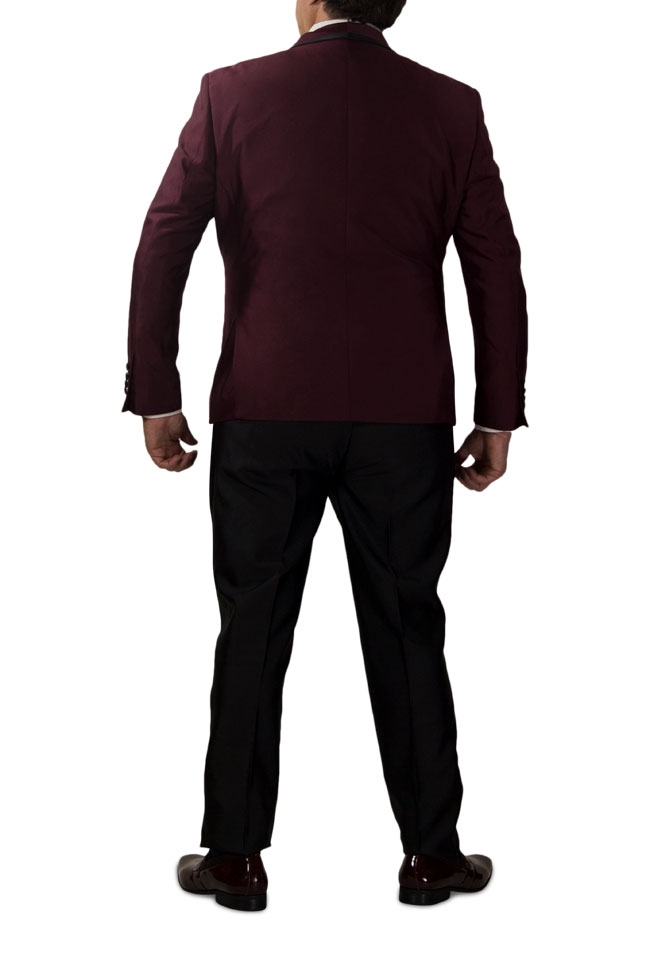 Slim Fit Burgundy 3 Piece Tuxedo with Black Lapel Details-11192 Slim Fit Burgundy 3 Piece Tuxedo with Black Lapel Details-11192