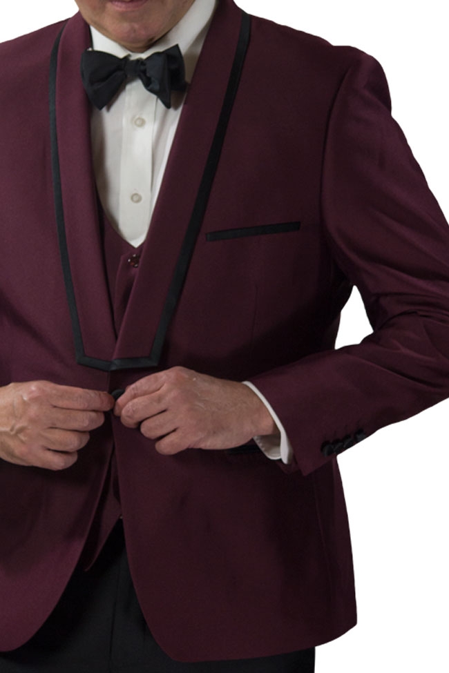 Slim Fit Burgundy 3 Piece Tuxedo with Black Lapel Details-11195 Slim Fit Burgundy 3 Piece Tuxedo with Black Lapel Details-11195