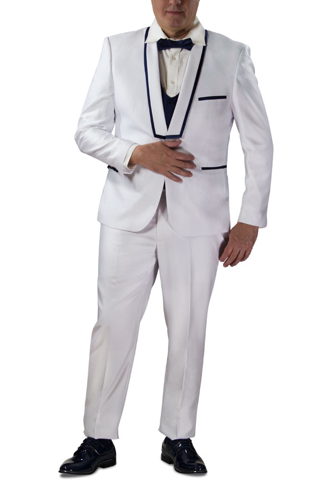 Slim Fit White 3 Piece Suit with Navy Lapel Details-11202 Slim Fit White 3 Piece Suit with Navy Lapel Details-11202