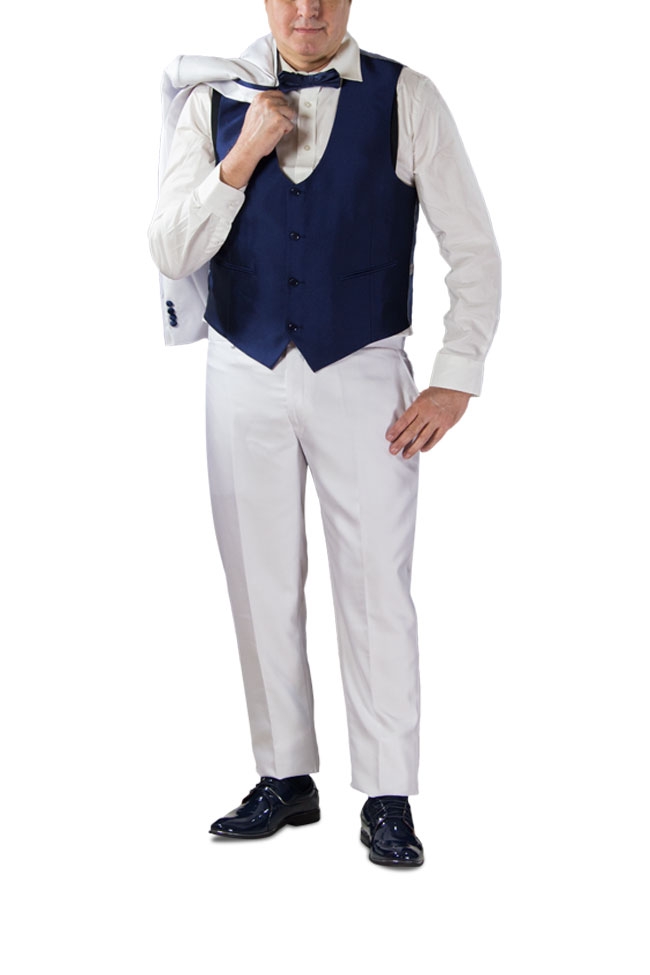 Slim Fit White 3 Piece Suit with Navy Lapel Details-11204 Slim Fit White 3 Piece Suit with Navy Lapel Details-11204