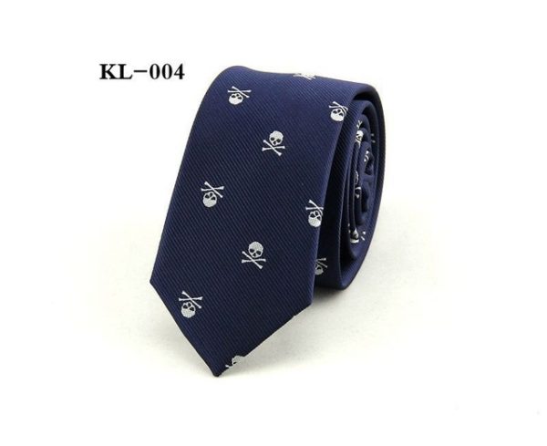 Navy Tie with White Bones and Skulls